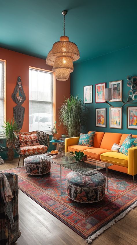 An eclectic living room with an orange couch and teal walls Eclectic Living Room Design, Bold Living Room, Drawing Room Decor, Decor Ideas Bedroom, Eclectic Interior Design, Interior Vintage, Colourful Living Room, Decorating Styles, Eclectic Living Room