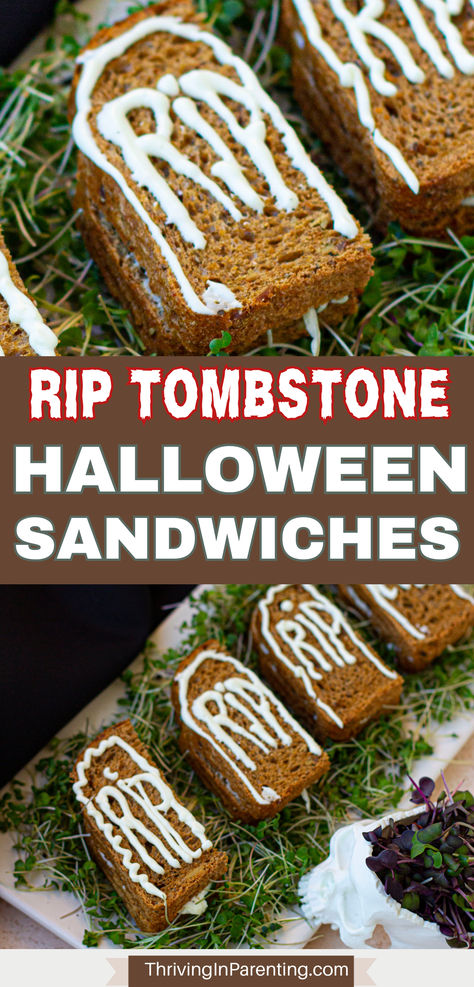 rip tombstone Halloween sandwiches on kale greens carpet Halloween Sandwich, Halloween Sandwiches, Halloween Party Food Ideas, Halloween Appetizer, Appetizer Party, Halloween Party Food, Halloween Breakfast, Lunchbox Treats, Party Sandwiches