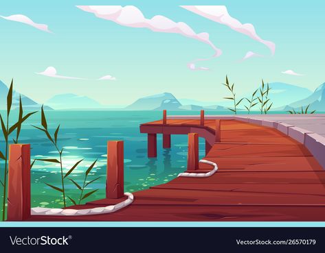 Pier Illustration, Lake Background, Gacha Background, Anime Places, Gacha Backgrounds, Episode Backgrounds, 8bit Art, River Landscape, Cartoon Background