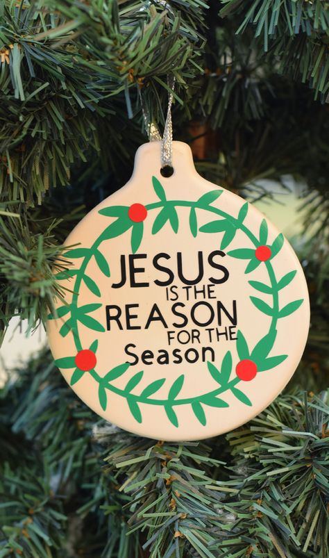 DIY Jesus Is the Reason for the Season Christmas Ornament made with the Cricut Christmas Tree Ornaments Diy Christian, Christmas Decor Ideas Christian, Religious Christmas Decorations, Religious Ornaments Diy, Diy Christian Christmas Decorations, Jesus Is The Reason For The Season, Jesus Christmas Crafts, Jesus Christmas Decorations, Biblical Christmas