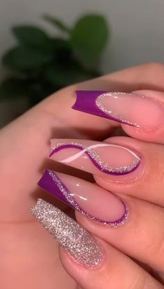 Purple And Silver Nails, Ongles Bling Bling, Purple Acrylic Nails, Purple Nail Designs, Blue Acrylic Nails, Fancy Nails Designs, Prom Nails, Fancy Nails, Purple Nails