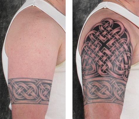 Here an arch of knotwork above the previously tattooed Celtic band completes an upper half sleeve Celtic Band Tattoo, Celtic Sleeve Tattoos, Half Arm Sleeve Tattoo, Celtic Tattoos For Men, Band Tattoos For Men, Unique Half Sleeve Tattoos, Celtic Knot Band, Arm Sleeve Tattoos For Women, Celtic Knot Tattoo