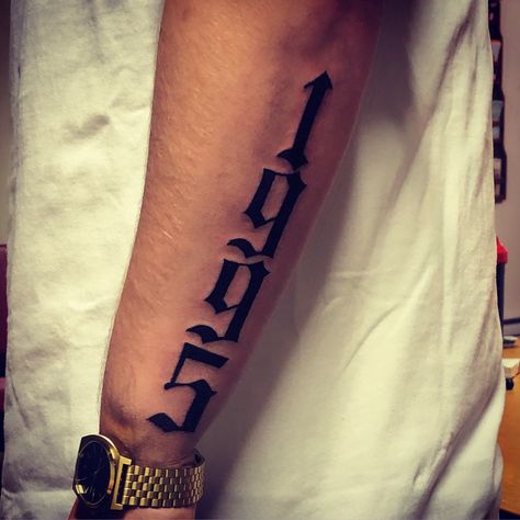 Year Of Birth Tattoo Men, Birth Year Tattoo Forearm, Year Tattoo Number Arm, Birth Year Tattoo Men, Birth Year Tattoo Ideas, Year Tattoo Ideas, Birth Year Tattoo, Est. Tattoo, Thigh Tattoo Men