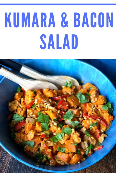 Delicious Summer Salad, made with Kumara, bacon, capsicum, pinenuts and coriander with a delicious creamy curry dressing. A great recipe Kumara Salad, Kumara Recipes, Curry Dressing, Vj Cooks, Creamy Curry, Arugula Salad Recipes, Super Salads, Fresh Salad Recipes, Salad Recipes Video