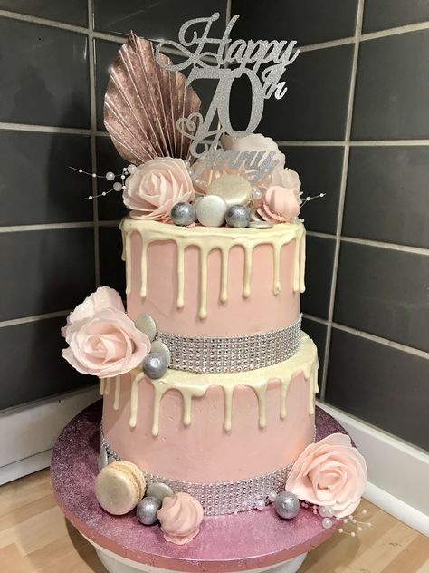 Two tier pink and silver birthday cake Small 3 Tier Cake Birthday, 2 Teir Birthday Cakes, 70th Birthday Cake For Women 2 Tier, 3 Teir Cakes Ideas Birthday, Silver And Pink Birthday Cake, 2 Teir Birthday Cake Ideas, 2 Teir Birthday Cake, Pink And Silver Cake, Bday Cakes For Girls