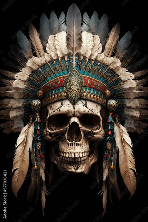 Indian Advertisement, Indian Skull, Indian Headdress, Neck Tattoos, A Skull, Headdress, Feathers, Stock Illustration