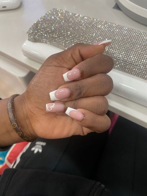 Acrylic Nails Coffin Middle Length, Nails For 11-12 Year, Sixth Form Nails, Grad Nails Acrylic, Short White Nails With Design, Pink And White French Tip Nails, White French Tip Nails With Design, 21st Bday Nails, French Tip With Heart