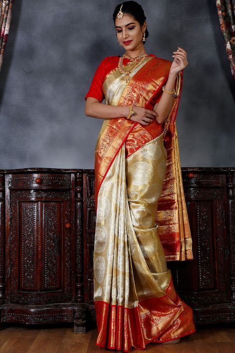 Buy Gold Zari Woven Kanchipuram Silk Saree Online Gold Colour Pattu Sarees, Kanchi Pattu Saree Wedding, Gold Pattu Saree, Brides Saree, Kanchipuram Silk Saree Wedding, Bride Sarees, Gold Silk Saree, Red Saree Wedding, Designer Sarees Wedding