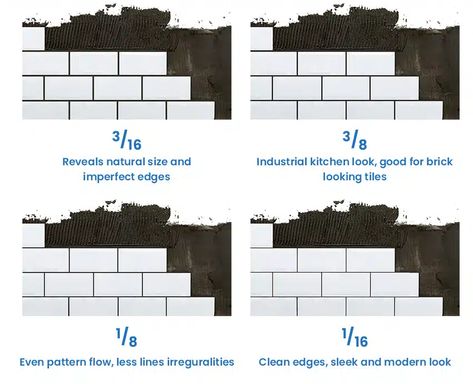 Standard subway tile grout spacing Grout Line Size Chart, Tile Grout Color, White Beveled Subway Tile, Handmade Subway Tile, Floor Tile Grout, Bathroom Grout, Subway Tile Patterns, Kitchen Splashback Tiles, Beveled Subway Tile