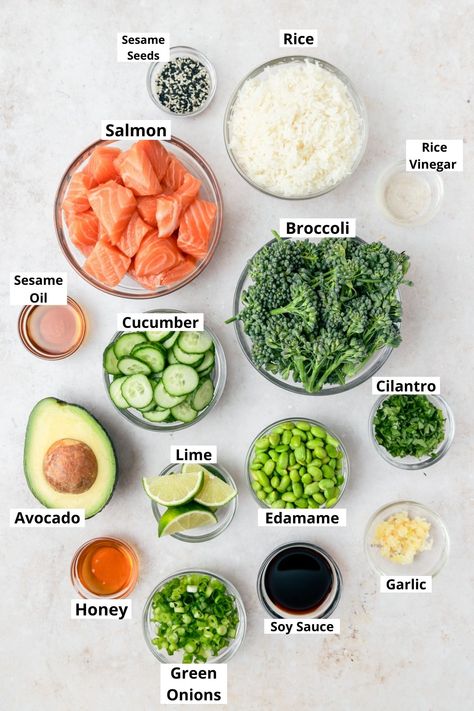 Teriyaki Salmon Bites, Crispy Broccoli, Rice Bowls Healthy, Sushi Bowl Recipe, Poke Bowl Recipe, Salmon And Broccoli, Salmon Rice Bowl, Salmon Rice, Healthy Bowls Recipes