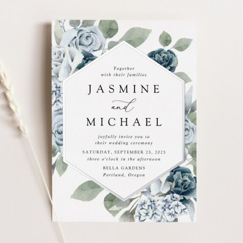 Blue Floral Frame, Wedding Invitations White, Dusty Blue Flowers, Blue And White Roses, Wedding Dusty Blue, Dusty Blue Wedding Invitations, Frame Wedding Invitation, Roses And Hydrangeas, Botanical Wedding Invitation