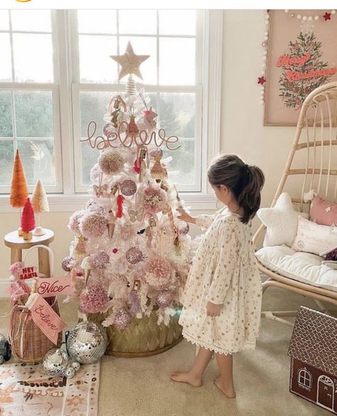 Girly Christmas Tree, Christmas Kids Room, Christmas Contests, Dec 1st, Baby Christmas Photos, Toddler Girl Room, Christmas Tree Branches, Pink Christmas Decorations