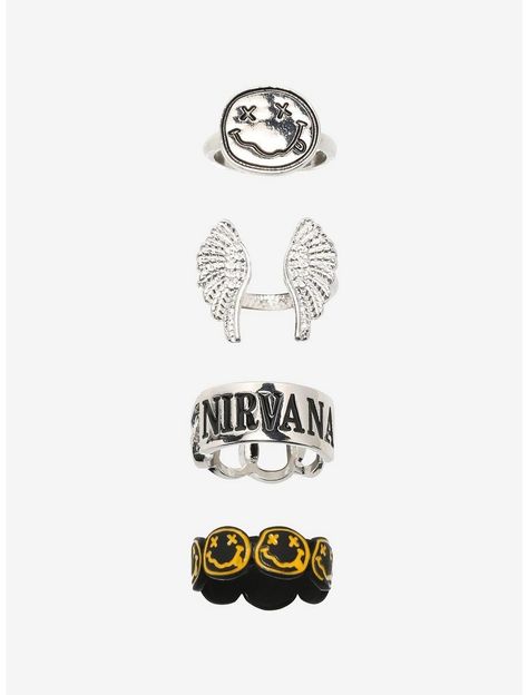 Nirvana Jewelry, Rocker Jewelry, Emo Accessories, Wings Ring, Set Of Rings, Goth Ring, Hot Topic Jewelry, Nirvana Kurt Cobain, Cool Electric Guitars