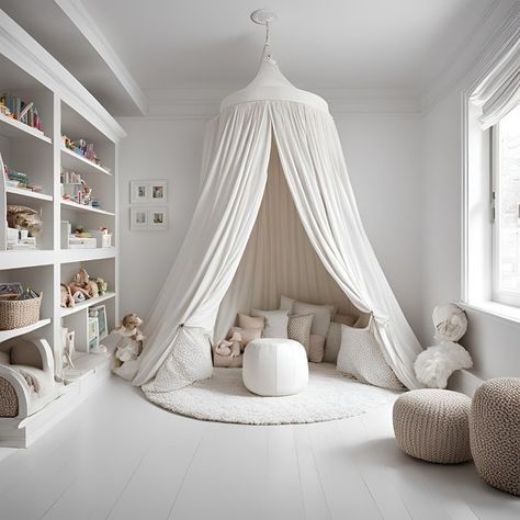 A haven for little ones! This playroom features a comfy seating area nestled under a canopy, providing a cozy spot for kids to read, relax, or play with friends. What are your must-have items for a playroom? Share your ideas in the comments! Toddler Girl Reading Corner, Toddler Shared Bedroom, Cozy Corner Bed, Baldachin Bed, Children Playroom, Toddler House Bed, Cozy Baby Room, Modern Playroom, Play Corner