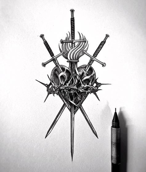 Heart Swords Tattoo Ideas, Ornamental Skull Tattoo, Heart Flail Tattoo, Heart With Swords Tattoo, Sacred Heart Drawing, Crow Tattoo Design, Sacred Heart Tattoos, Small Chest Tattoos, Medieval Tattoo