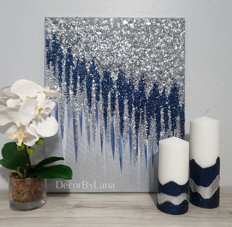 Glitter Glass Painting, Glitter Acrylic Painting, Glitter Art Diy, Crushed Glass Art On Canvas, Glitter Art Painting, Navy Blue Pictures, Canvas Wall Art Ideas, Entryway Contemporary, Silver Artwork