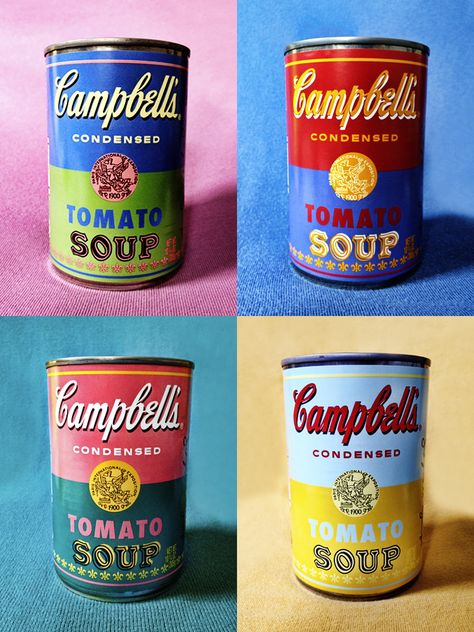 15 MINUTES: A Tribute To Andy Warhol. This is my quick (no more than 15 minutes on each of four images) take on Andy Warhol's classic Cambell's soup paintings using new commemorative cans. Art imitates life imitates art imitates life. Andy Warhol Soup Cans, Tomato Festival, Life Imitates Art, Fiesta Table, Can Of Soup, Etiquette Vintage, Kids Pop, Color Collage, Campbell Soup