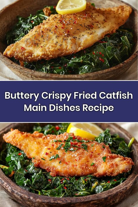 Dive into my Buttery Crispy Fried Catfish Main Dishes Recipe! This dish combines tender catfish fillets with a golden, crunchy coating, served over a bed of vibrant greens. It's the perfect blend of flavors and textures for a delicious dinner. Bring the taste of Southern comfort to your table tonight! Catfish Dinner Ideas Sides, Catfish Stew Recipe, Crispy Fried Catfish, Baked Catfish Recipes, Fried Catfish Recipe, Catfish Stew, Mashed Potatoes And Green Beans, Catfish Dinner, Catfish Fillets