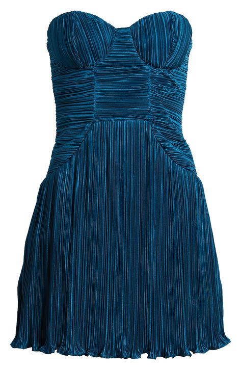 Feel your most glam in this plissé minidress that gets dance-floor vibes from hidden no-slip strips and supportive padded cups. Back zip closure Strapless Stretch lining 100% polyester Hand wash, line dry Imported Homemade Homecoming Dress, Dark Teal Mini Dress, Winter Formal Cocktail Dresses, Long Sleeve Dress Sparkly, Short Navy Dresses, 80s Inspired Dress, Winter Semiformal Dress, Cute Dresses For Homecoming, Extra Hoco Dresses