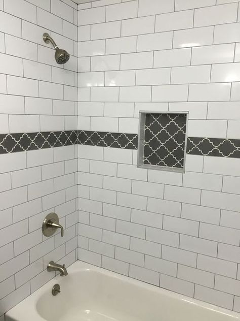 Large Tile Bathroom, White Subway Tile Shower, Diy Tile Shower, Dark Grout, White Subway Tile Bathroom, Tile Showers, Bathroom Niche, Subway Tile Showers, Subway Tiles Bathroom