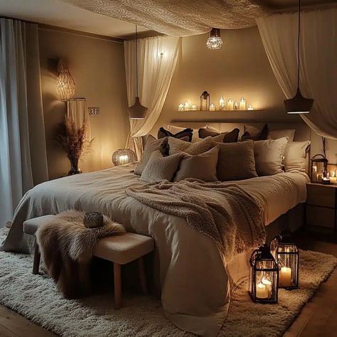 35 Romantic Bedroom Decor Ideas For A Dreamy Space Moms Bedroom Ideas, Master Bedrooms Romantic, Big Master Room Ideas, Warm Cozy Bedroom Ideas Romantic, Cozy Couple Bedroom, Bedroom Couple Ideas, Couples Room Ideas Bedrooms, Candlelit Bedroom, Adult Bedroom Ideas For Couples