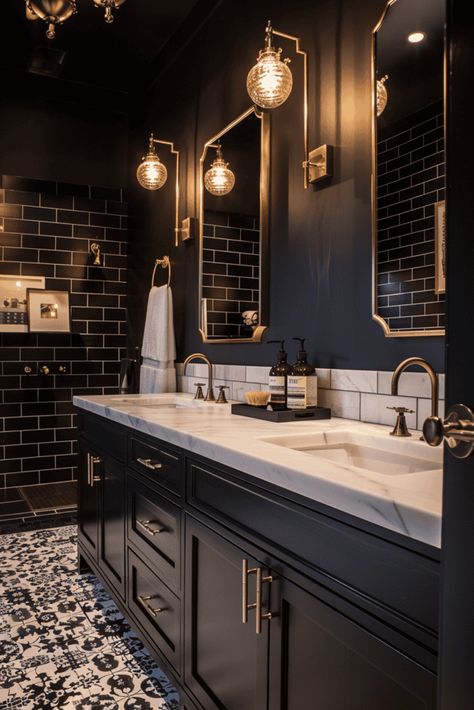 Cool Bathroom Design Ideas, Black Monochromatic Bathroom, Moody Small Full Bathroom, Gothic Bathroom Ideas Modern, Black Ceiling Bathroom Ideas, Moody Bathroom Master, Masqueline Bathroom, Moody Bathroom Tile Ideas, Aesthetic Bathroom Colors