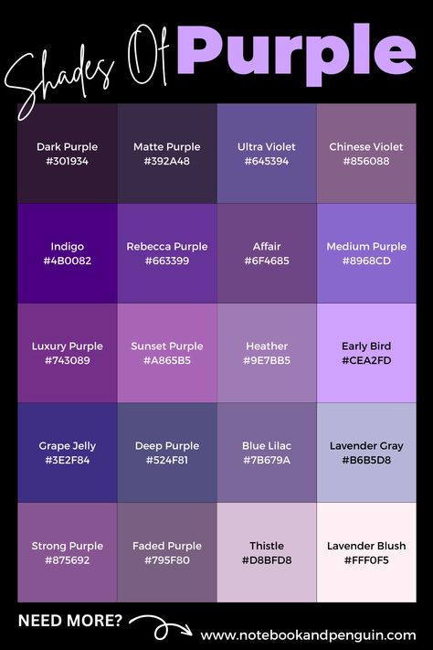 Purple Color Palette Names, Purple Shades Chart, Light Shades Of Purple, Purple Paint Shades, Purple Hair Shades Chart, Purple Shades Name, Colors Names Chart Shades, Procreate Color Palette Hex Codes, Purple Hex Codes Colour Palettes