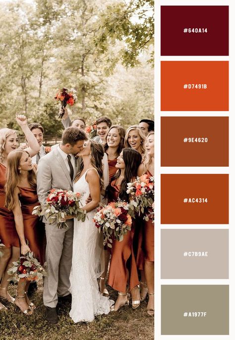 terracotta wedding, terracotta wedding color, terracotta, brown wedding, caramel wedding color Brick Wedding Color Palette, Caramel Wedding Colors, Paprika Color Wedding, Rust Red Color Palette Wedding, Terracotta Maroon Wedding, Wedding Ideas Colour Schemes, Red And Terracotta Wedding, Terracotta And Gray Wedding, Terra Cotta Wedding Party