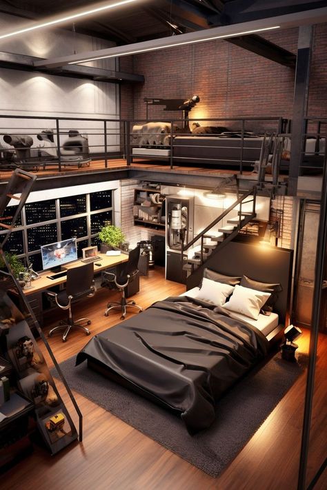 The 'Loft-style Lab' combines industrial aesthetics with advanced technology. Beneath the steel loft bed with a built-in Smart TV is a workstation boasting a state-of-the-art ergonomic gaming chair and a curved ultra-wide monitor. Industrial Loft House, New York Bedroom, Industrial Style Bedroom, Industrial Loft Design, Gaming Bedroom, Loft House Design, Loft Interior Design, Loft Interior, Loft Bedroom