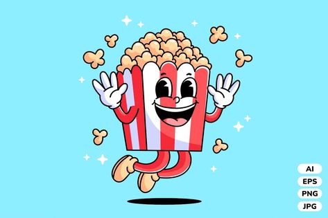 Happy Popcorn Cartoon Vector Popcorn Illustration, Cartoon Popcorn, Food Characters, Food Illustration Art, Rubber Hose, Minion Party, Get Happy, Food Illustration, Vintage Character