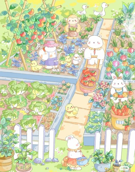 Kawaii Garden, Mikko Illustrations, Cartoon Town, Acrylic Illustration, Kids Book Illustration, Two Bunnies, Cozy Books, Cartoon Body, Wallpaper Illustration