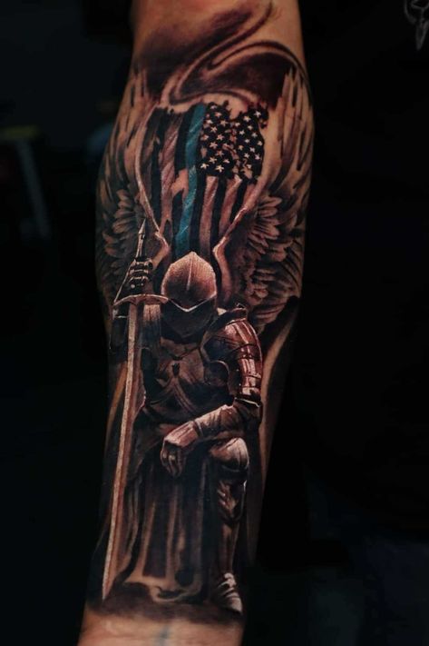 Law Enforcement Sleeve Tattoos For Guys, Sleeve Tattoos For Guys Christian, Swat Tattoos For Men, Police Inspired Tattoos, Police Sleeve Tattoo, St Michael Police Tattoo, Matthew 5 9 Tattoo Law Enforcement, American Soldier Tattoo, Fallen Officer Tattoo