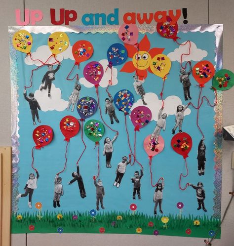 Goodbye Bulletin Boards, Process Art Bulletin Board, Celebration Bulletin Board Ideas, Balloon Bulletin Board, Graduation Bulletin Board, Graduation Preschool, March Preschool, Office Boards, Kindergarten Bulletin Boards