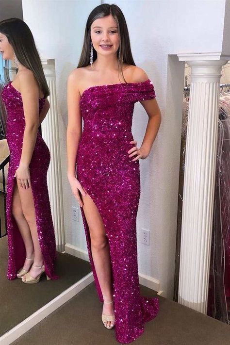 2023 Prom, Long Party Dress, One Shoulder Prom Dress, Sparkly Prom Dresses, Fuchsia Dress, Sequin Prom Dress, Mermaid Style, Dresses Elegant, Sequin Fabric