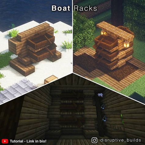 Minecraft Boat Storage, Minecraft Fishery, Minecraft Boat Dock Ideas, Minecraft Boat Dock, Minecraft Dock Design, Minecraft Dock, Minecraft Boat, Boat Rack, Building Blueprints