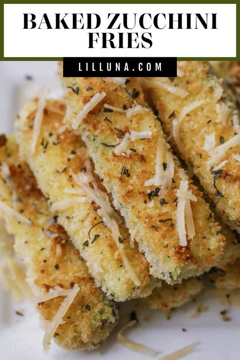 These baked zucchini sticks are crusted and baked in panko, parmesan cheese, oregano, and basil. Zucchini fries are healthy AND delicious! #bakedzucchinifries #zucchinifries #baked #zucchini #appetizer #sidedish #healthy Panko Zucchini Baked, Zucchini Sticks Baked, Make Ahead Meatballs, Zucchini Sticks Recipes, Basil Zucchini, Artichoke Cups, Parmesan Crusted Zucchini, Zucchini Appetizer, Baked Zucchini Fries