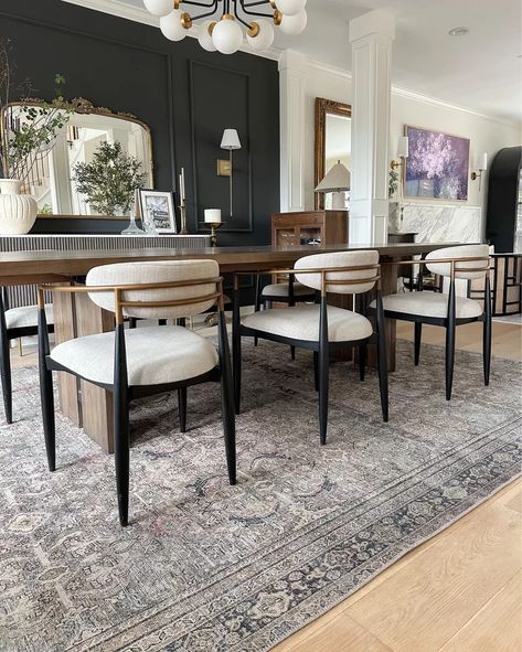 My dining chairs in Cary Linen and dining room rug in Olive/Charcoal! I linked a similar version of these chairs I found on Amazon as well! My exact chairs are very comfortable and have held up so well — worth it!! Dining Rooms With Black Furniture, Antique Accent Chair, Dinning Room Chairs Ideas, Arhaus Dining Room Inspiration, Condo Dining Room Ideas, Diy Wall Moulding, Dark Accent Wall, Accent Wall Diy, Beige Dining Room