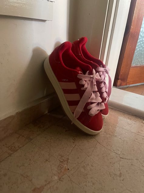 #adidas #shoes #trendy #trending #aesthetic Adidas Campus 00s Red Pink, Valentines Shoes, Campus 00, Trending Aesthetic, Adidas Campus 00s, Red Trainers, Shoes Trendy, Shoe Wishlist, Cute Sneakers