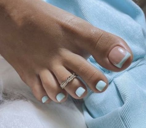 Blue French Tip Pedicure, Baby Blue Pedicure Toes, Light Blue French Tip, Beach Toe Nails, Blue Pedicure, French Tip Pedicure, French Toe Nails, French Tip Toes, Blue Toe Nails