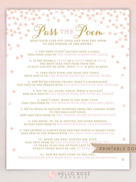 Pass the Poem Bridal Shower Game Printable 8x10 . Pass Along Gift Passing Poem . Wedding Bachelorette Hens Party Game . Instant Download Pass The Poem Bridal Shower Game, Hen Party Craft Activities, Wedding Duties, Wedding Shower Activities, Angel Wedding, Shower Activities, Unisex Baby Names, Hen Party Games, Bridal Shower Activities