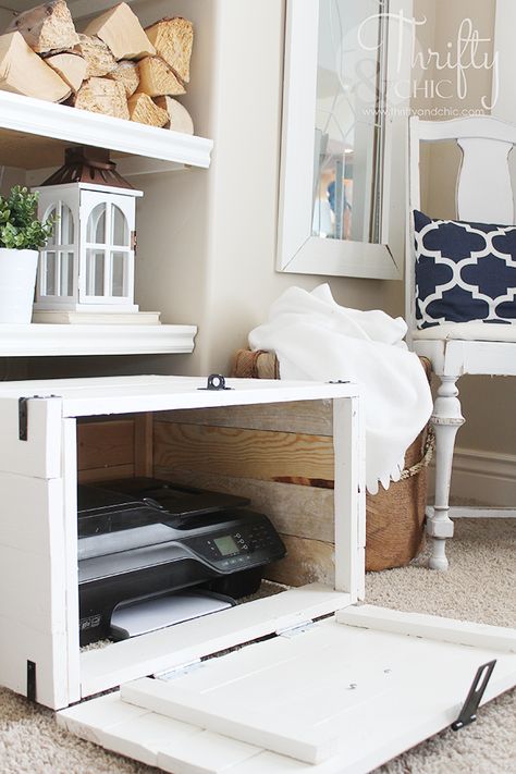 DIY Hidden printer storage in a cabinet! Make it whatever size you need to fit your space. Hidden Printer Storage, Printer Storage Ideas, Hidden Printer, Printer Cover, Printer Storage, Printer Cabinet, Diy Organizer, Craft Room Office, Home Organization Hacks