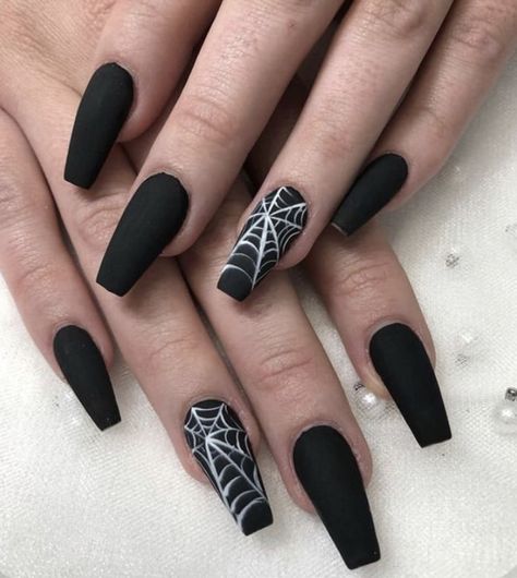 Black Spooky Nails Coffin, Halloween Acrylic Nails Spider Webs, Cute Goth Acrylic Nails, Black Color Nails Acrylic, Black Acrylic Nails Simple Design, Horror Nails Acrylic Coffin, Halloween Nail Designs 2022 Acrylic, Black Nails With Spider Web Accent, Black Nails With Web