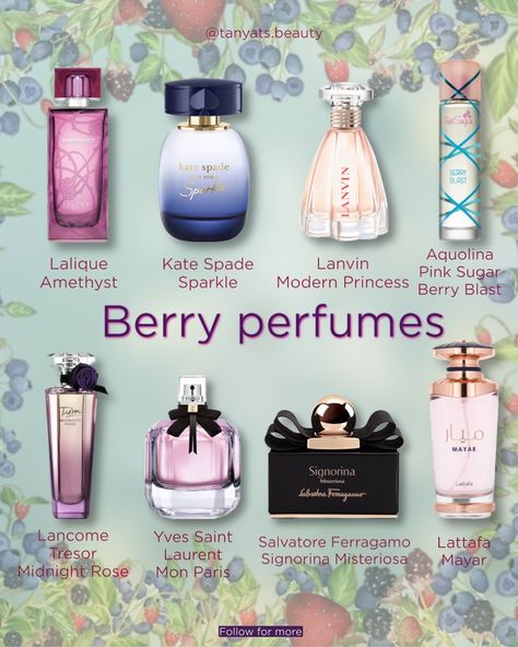 Juicy berry perfumes 🫐🍓 Whenever I fall in love with a fruity scent, it always has berries in the notes list. Here are some of my favourite picks, from affordable to designer options. ▫️ Lalique Amethyst is all about black berries, black currant and blue berries. It might be my number one in this category, I love it for summer! ▫️ Kate Spade Sparkle to me smells like a delicious creme brûlée dessert with some black currant and blueberry on top. ▫️ Lanvin Modern Princess is all about ... Fruity Scents Perfume, How To Smell Like Berries, Blackberry Perfume, Raspberry Perfume, Blueberry Perfume, Lancome Tresor Midnight Rose, Cotton Candy Perfume, Berry Perfume, Lalique Amethyst