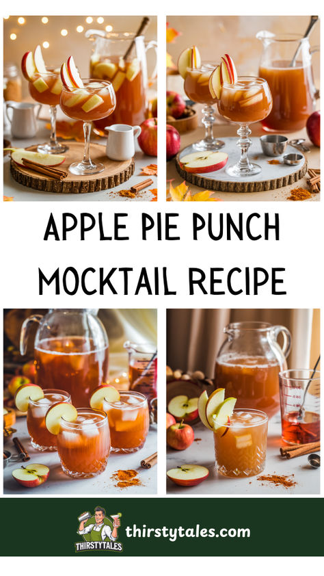 "Discover the perfect Apple Pie Punch Mocktail recipe that captures the  essence of fall! This delightful non-alcoholic drink is ideal for holiday  gatherings and festive celebrations. With its warm spices and sweet apple  flavor, it's one of the best fall cocktails to serve. Impress your guests  with this easy mocktail recipe that fits perfectly into your holiday punch  recipes. Elevate your festivities with these delicious festive drink ideas  that everyone can enjoy!" Apple Juice Punch Non Alcoholic, Apple Cider Non Alcoholic Drinks, Non Alcoholic Sangria Recipes, Wedding Punch Recipes Non Alcoholic, Fall Punch Recipes Non Alcoholic, Apple Juice Punch, Holiday Punch Non Alcoholic, Cookbook Party, Wedding Punch Recipes