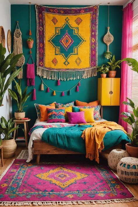 20 Cutest Rainbow Boho Style Bedroom Decor Ideas – ToolzView Encanto Bedroom, Rainbow Boho Bedroom, Bright Boho Bedroom, Sun Bedroom, Boho Style Bedroom Decor, Colorful Boho Bedroom, Rainbow Room Decor, Arranging Furniture, Bedroom Mural