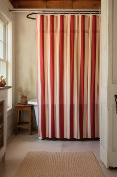 Cottage Decor Shower Curtain Red Cream Striped Bath Curtain Bathroom Decor Waterproof Curtain for Bathroom Curtain Stripes Cream Red - Etsy Shower Curtain Sizes, Striped Curtains, Bathroom Red, Striped Shower Curtains, Bath Curtain, Bathroom Curtain, Red Curtains, Curtain Bathroom, Curtain Rings