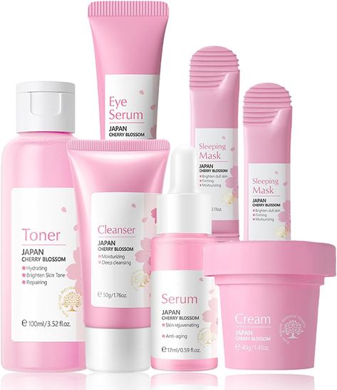 the set includes a cleanser, face serum, face cream, toner, eye cream and a face mask. It makes a good gift for young teenagers and women and can help sensitive skin, spots/acne, rough skin, and dry skin. - Item Form = Variety - Scent = 7PCS Sakura - Brand = Fashion Base - Skin Type = All - Material Feature = Natural Skincare Sets, Skincare Gifts, Best Face Serum, Facial Kit, Face Brush Cleansing, Buy Skincare, Eye Cream For Dark Circles, Gifts Set, Serum Face