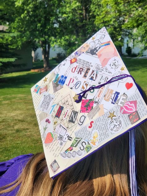 Grad Cap Embroidery, College Grad Cap Ideas Taylor Swift, Scrapbook Grad Cap, Collage Grad Caps, Fleetwood Mac Graduation Cap, Graduation Cap Designs 2024, Phoebe Bridgers Grad Cap, Grad Cap Inspo Aesthetic, Taylor Swift Graduation Cap Ideas