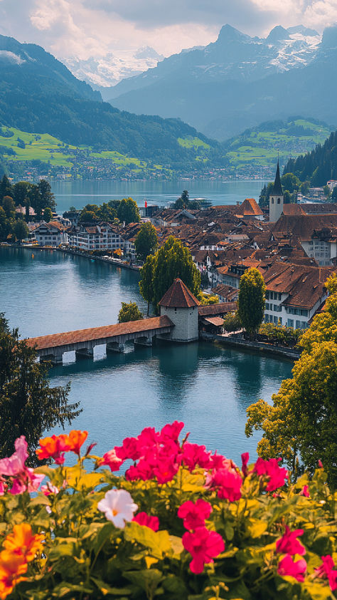 A picturesque view of a charming Swiss town with a covered wooden bridge crossing a serene lake, vibrant flowers in the foreground, and majestic snow-capped mountains in the background, one of the most beautiful lakes in Switzerland. Beauty Of Switzerland, Switzerland Travel Photography, Preppy Places, Switzerland Pictures, Switzerland Town, Traveling Aesthetic Switzerland, Nature In Switzerland, Swiss Nature, Switzerland City