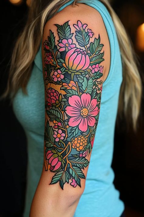 Woman Nature Sleeve Tattoo Ideas 70 Bird Arm Sleeve Tattoo, Womens Color Sleeve Tattoo, Flower Tatoos Woman Arm, Botanical Tattoo Sleeve Colour, American Traditional Floral Sleeve, Half Sleeve Cover Up Tattoo For Women, Traditional Tree Tattoo, Feminine Tattoos Sleeve Colorful, Bright Color Tattoos For Women